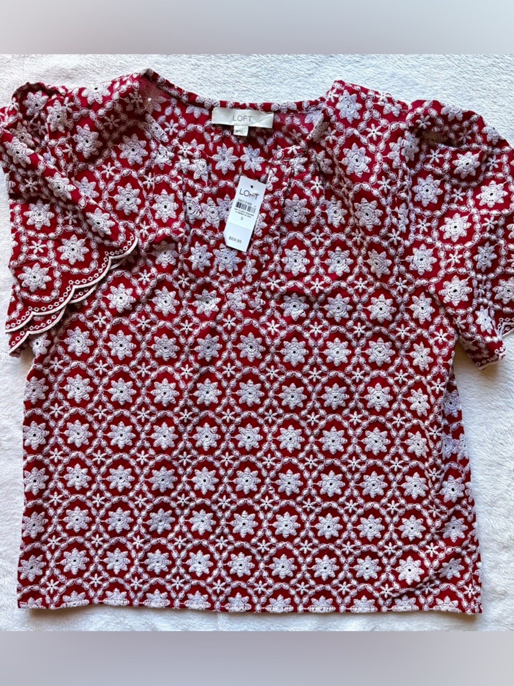 LOFT Red Top with White Embroidery NWT